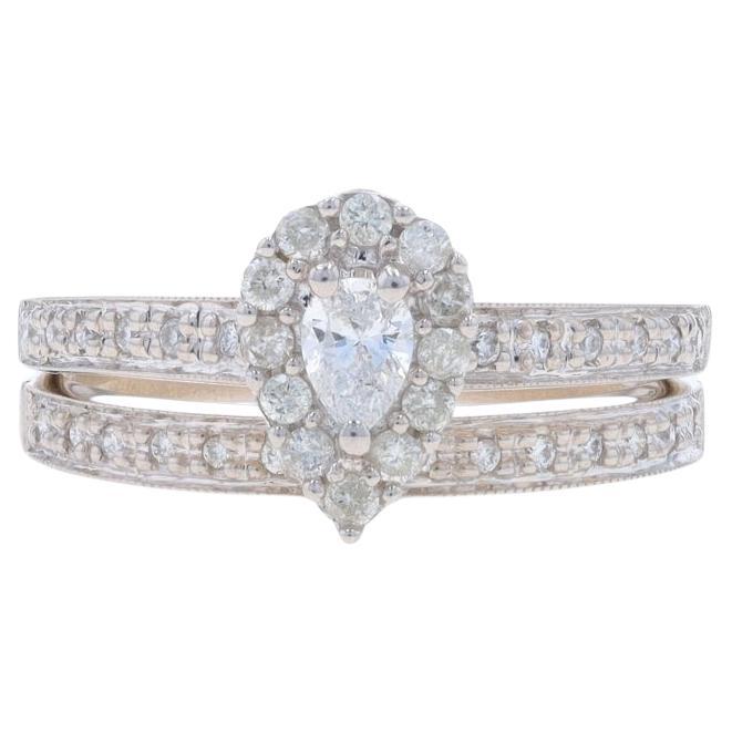White Gold Diamond Halo Engagement Ring & Wedding Band 14k Pear .54ctw Milgrain