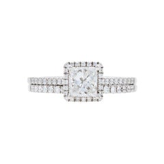 Retro White Gold Diamond Halo Engagement Ring & Wedding Band, 14k Princess 1.72ctw