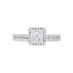 Bague de fiançailles et alliance en or blanc 14 carats avec halo de diamants, princesse 1,72 carat