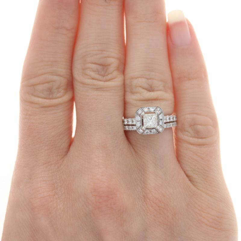 Princess Cut White Gold Diamond Halo Engagement Ring & Wedding Band - 14k Princess 1.76ctw For Sale