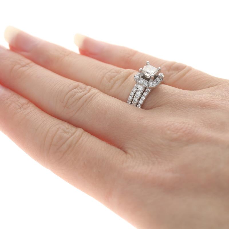 White Gold Diamond Halo Engagement Ring & Wedding Band - 14k Princess 1.76ctw For Sale 1
