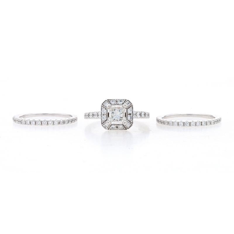 White Gold Diamond Halo Engagement Ring & Wedding Band - 14k Princess 1.76ctw For Sale 2