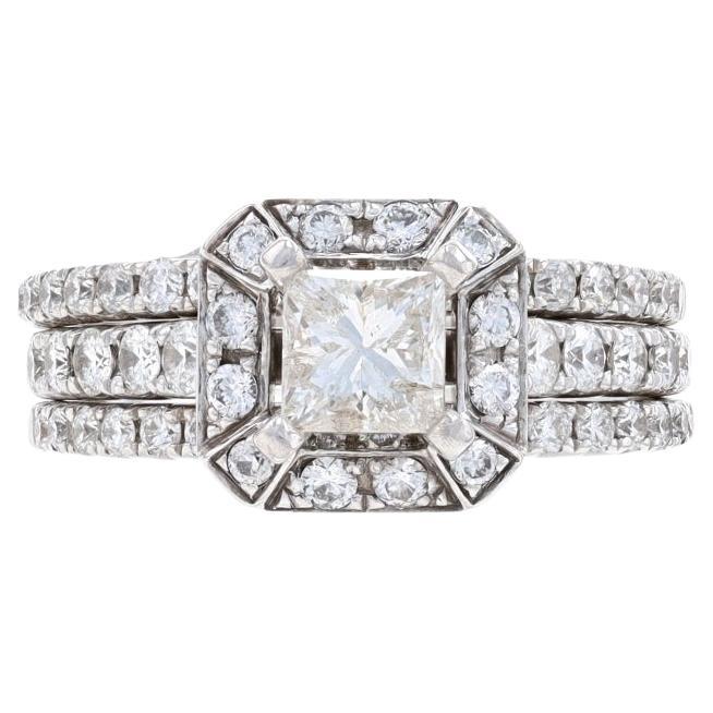 White Gold Diamond Halo Engagement Ring & Wedding Band - 14k Princess 1.76ctw
