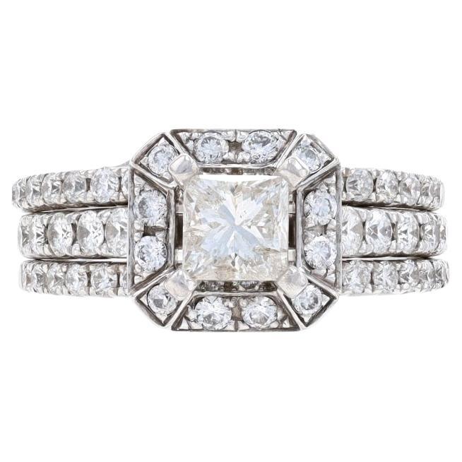 Anello di fidanzamento con diamante aureolato in oro bianco e fede nuziale - 14k Princess 1.76ctw