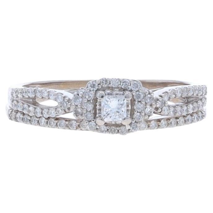 White Gold Diamond Halo Engagement Ring & Wedding Band 14k Princess & Rnd .50ctw For Sale