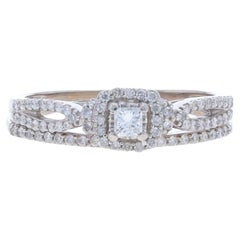 Bague de fiançailles et alliance en or blanc avec halo de diamants 14k Princesse & Rnd .50ctw