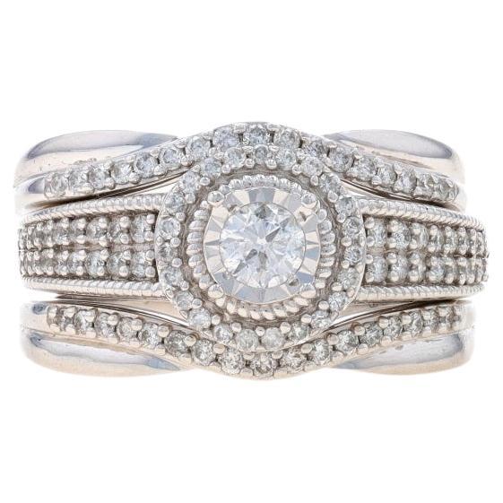 White Gold Diamond Halo Engagement Ring & Wedding Bands - 10k Round 1.00ctw For Sale