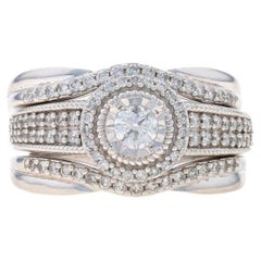 White Gold Diamond Halo Engagement Ring & Wedding Bands - 10k Round 1.00ctw
