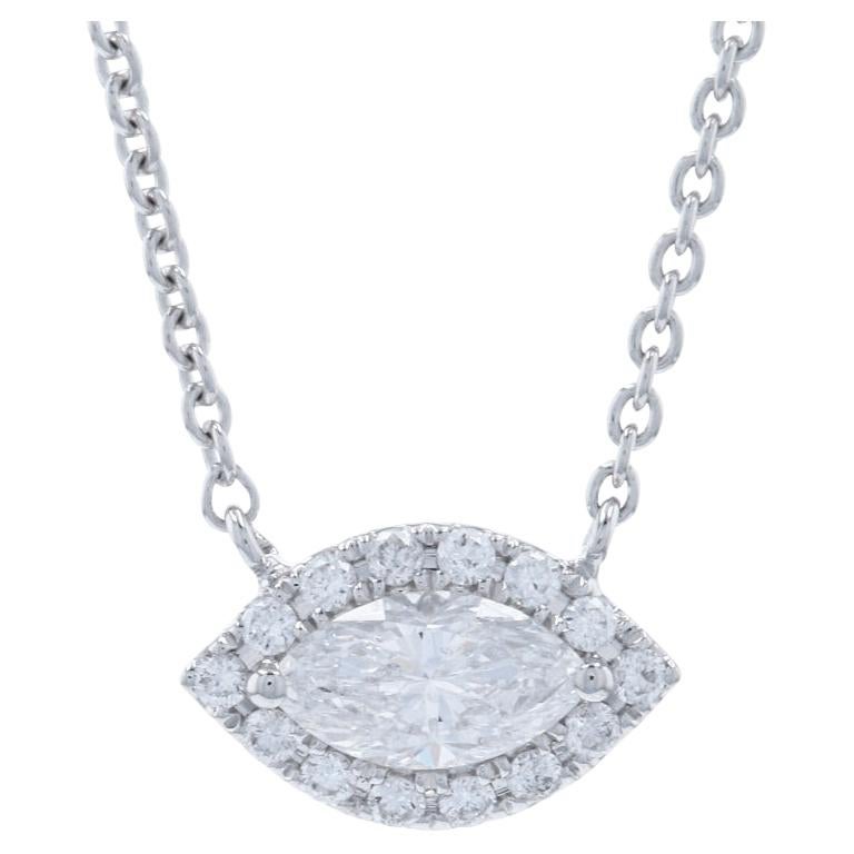 White Gold Diamond Halo Necklace, 14 Karat Marquise Cut .41 Carat