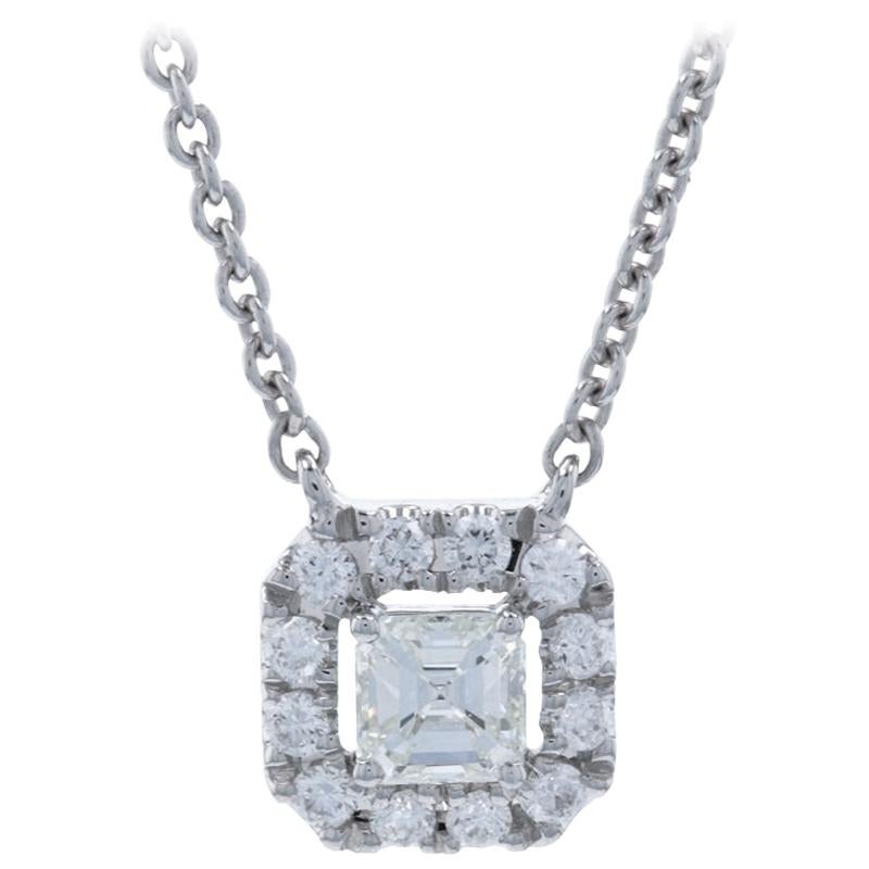 White Gold Diamond Halo Necklace, 18 Karat Asscher Cut .25 Carat