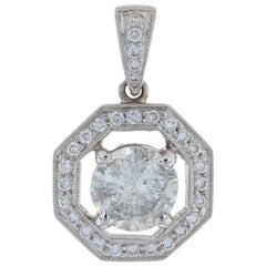 White Gold Diamond Halo Pendant, 14k Round Brilliant 1.80 Carat Milgrain Octagon White Gold Diamond Halo Pendant, 14k Round Brilliant 1.80 Carat Milgrain Octagon