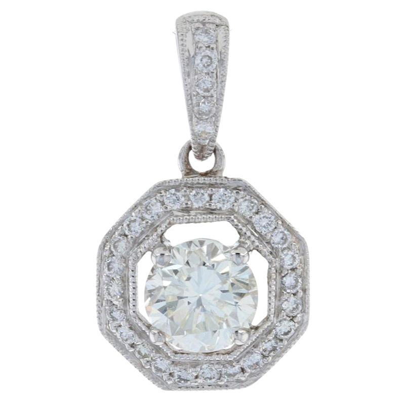 White Gold Diamond Halo Pendant, 14k Round Brilliant .92ctw Milgrain Octagon GIA