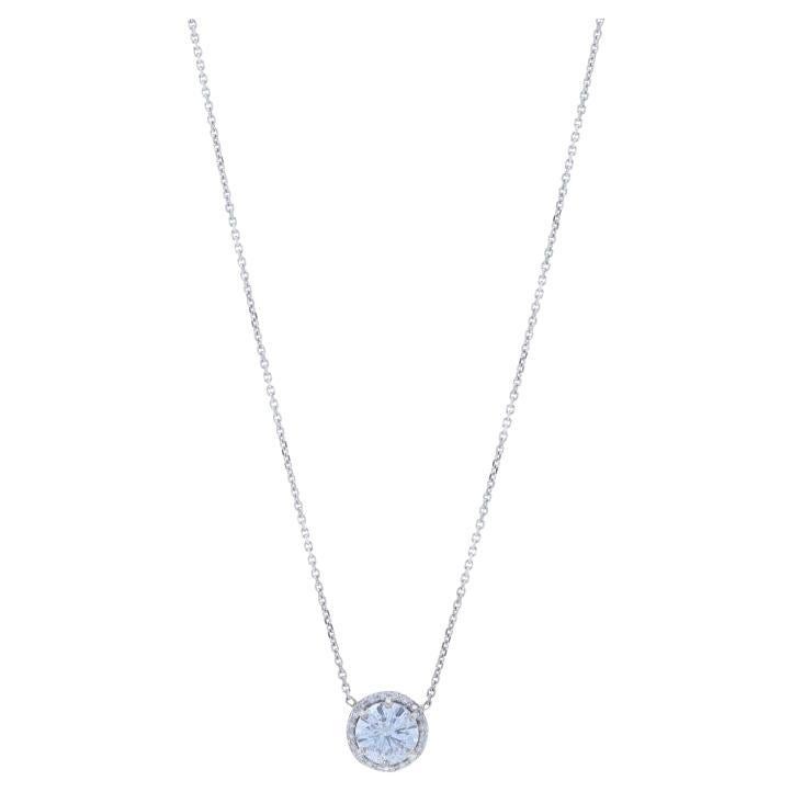 White Gold Diamond Halo Pendant Necklace - 14k Round 1.02ctw GIA Adjustable For Sale