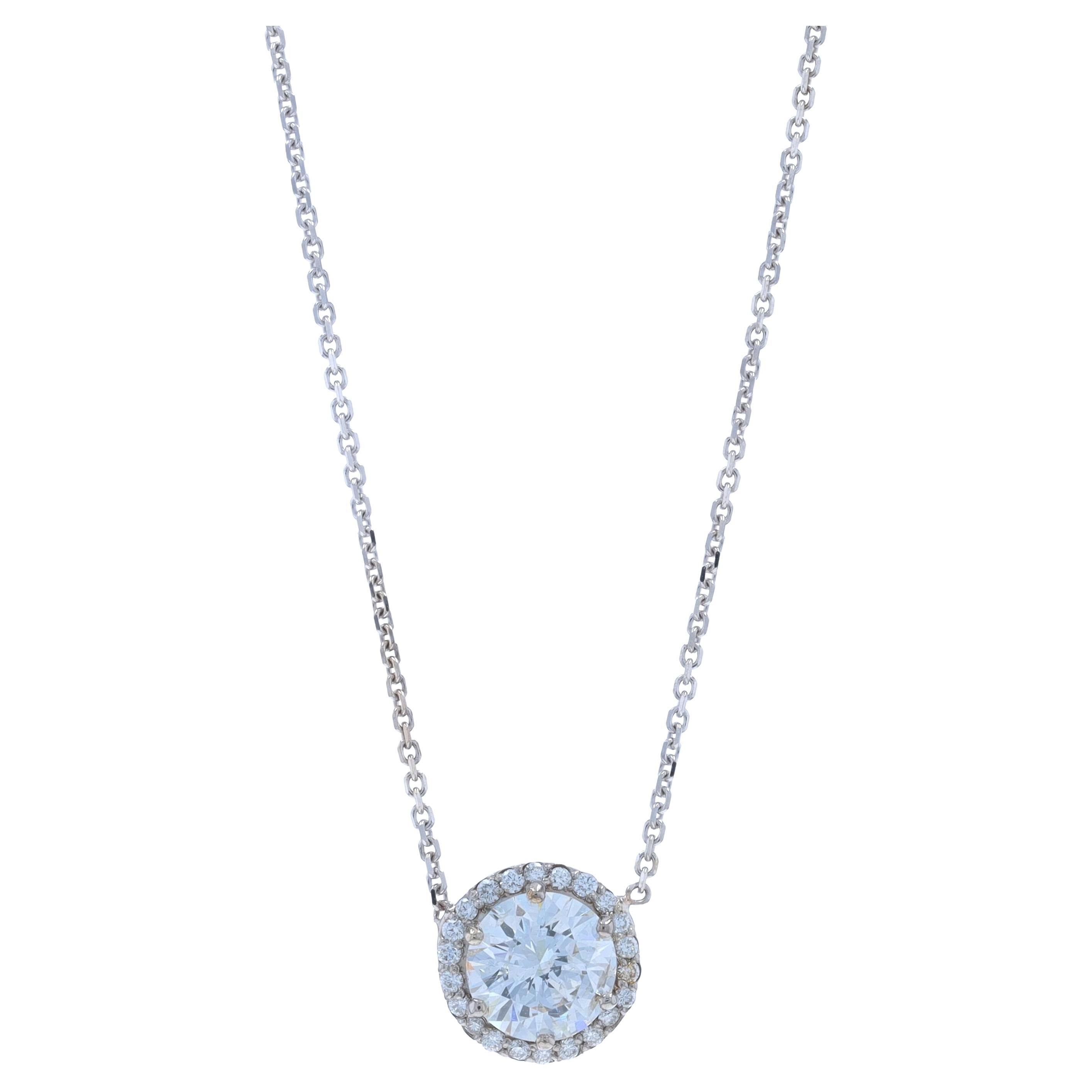 Collier pendentif halo de diamants en or blanc 14 carats rond 1,20 ctw réglable par le GIA