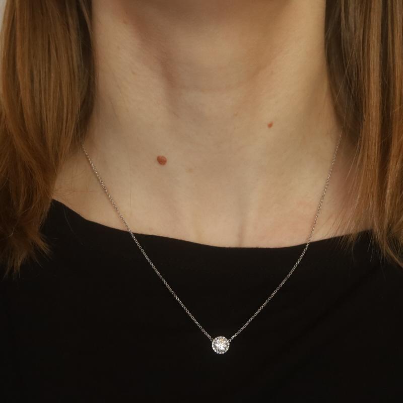 White Gold Diamond Halo Pendant Necklace - 14k Round .79ctw GIA Adjustable In New Condition For Sale In Greensboro, NC