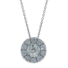 White Gold Diamond Halo Pendant Necklace 16" - 18k Old Mine 2.40ctw Adjustable