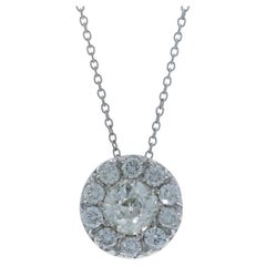 White Gold Diamond Halo Pendant Necklace 16" - 18k Old Mine 2.40ctw Adjustable