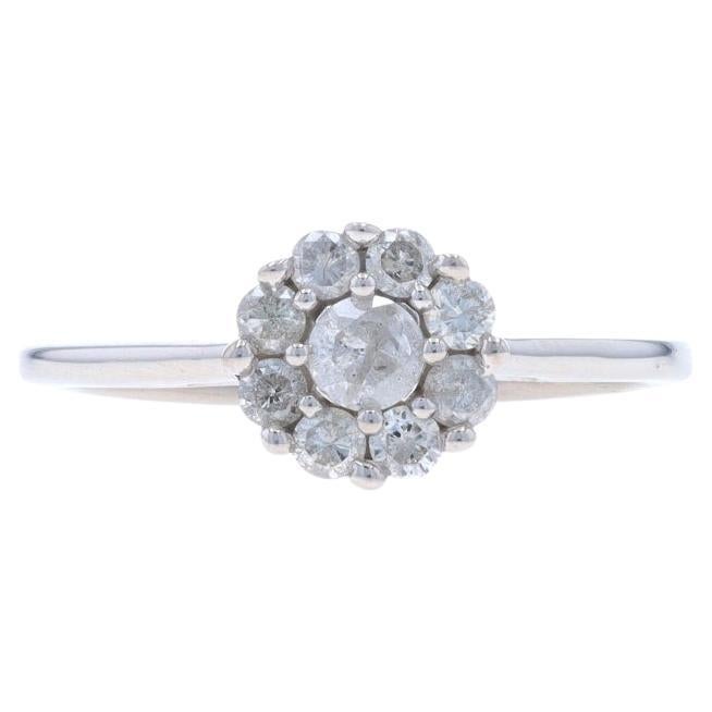 White Gold Diamond Halo Ring - 10k Round Brilliant .50ctw Flower Cathedral