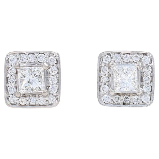 White Gold Diamond Halo Stud Earrings -14k Princess Cut .80ctw Pierced For Sale