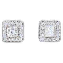 White Gold Diamond Halo Stud Earrings -14k Princess Cut .80ctw Pierced