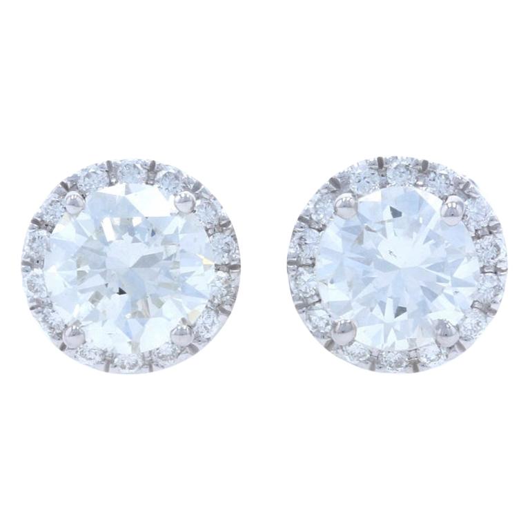 White Gold Diamond Halo Stud Earrings, 14k Round Brilliant Cut .94 Carat Pierced