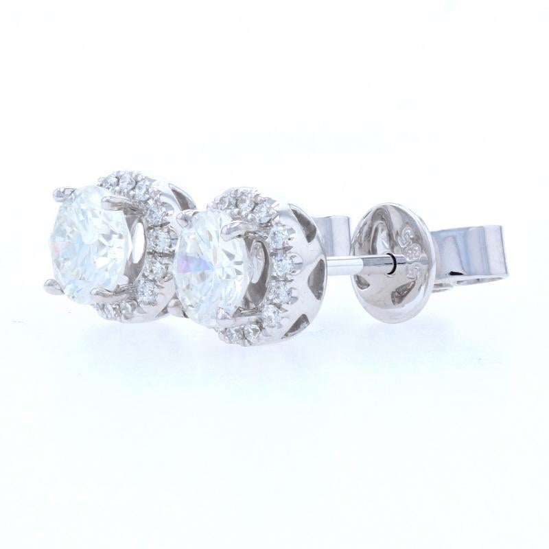 Round Cut White Gold Diamond Halo Stud Earrings, 14k Round Brilliant Cut .94 Carat Pierced