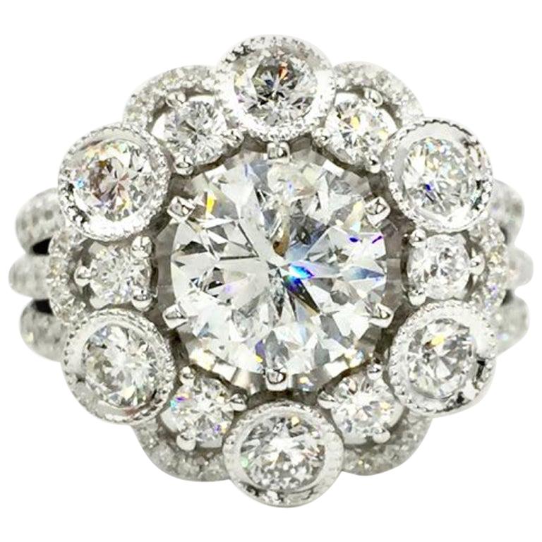 White Gold Diamond Halo Style Ring 3.67 Carat Total Weight For Sale