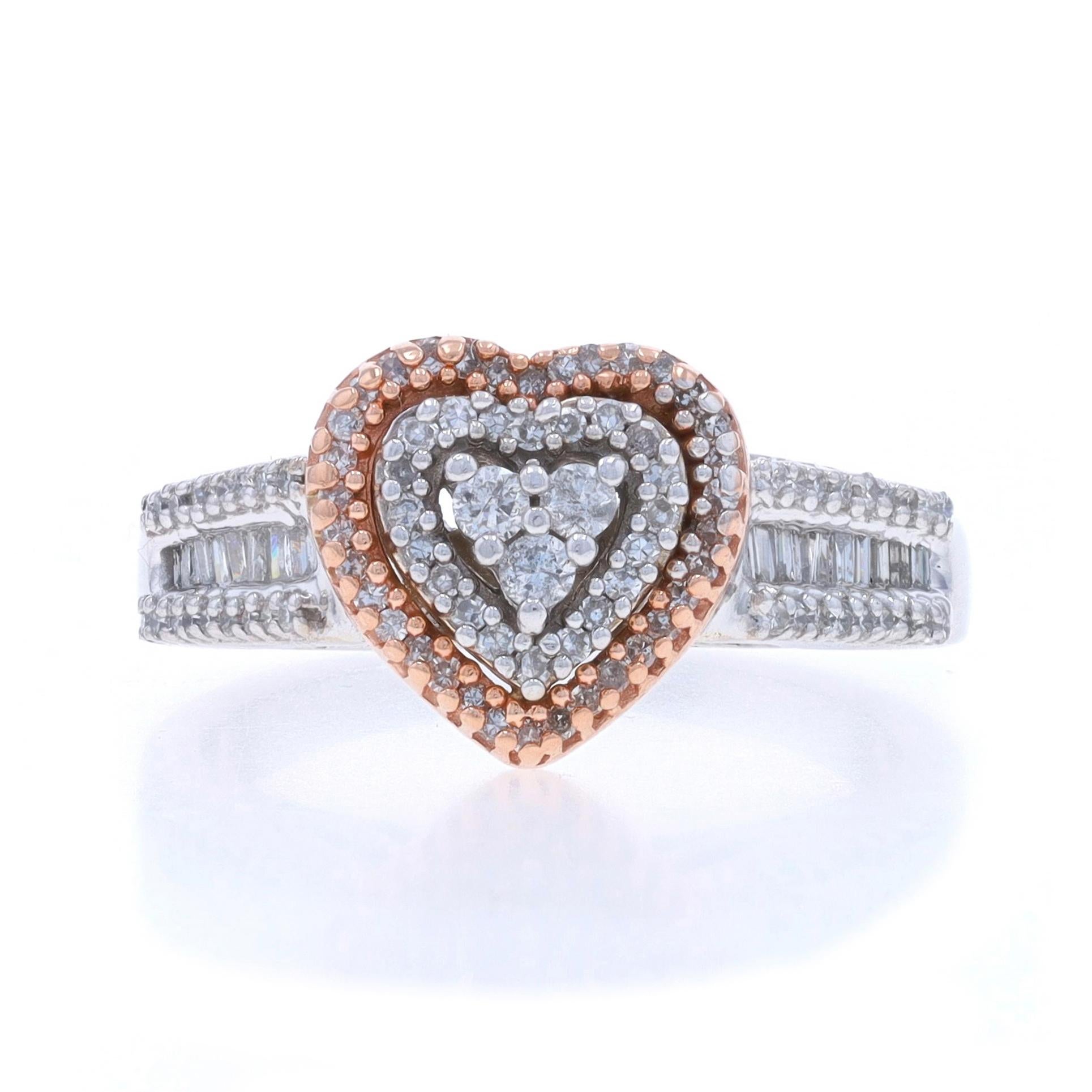 Size: 5 1/4
Sizing Fee: Up 1/2 a size for $40 or Down 1/2 a size for $30

Metal Content: 10k White Gold & 10k Rose Gold

Stone Information

Natural Diamonds
Carat(s): .50ctw
Cut: Round Brilliant, Single, & Baguette
Color: G - H
Clarity: SI1 -