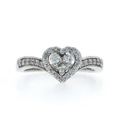 White Gold Diamond Heart Cluster Halo Ring - 10k Princess & Round .50ctw Love