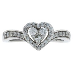 White Gold Diamond Heart Cluster Halo Ring - 10k Princess & Round .50ctw Love