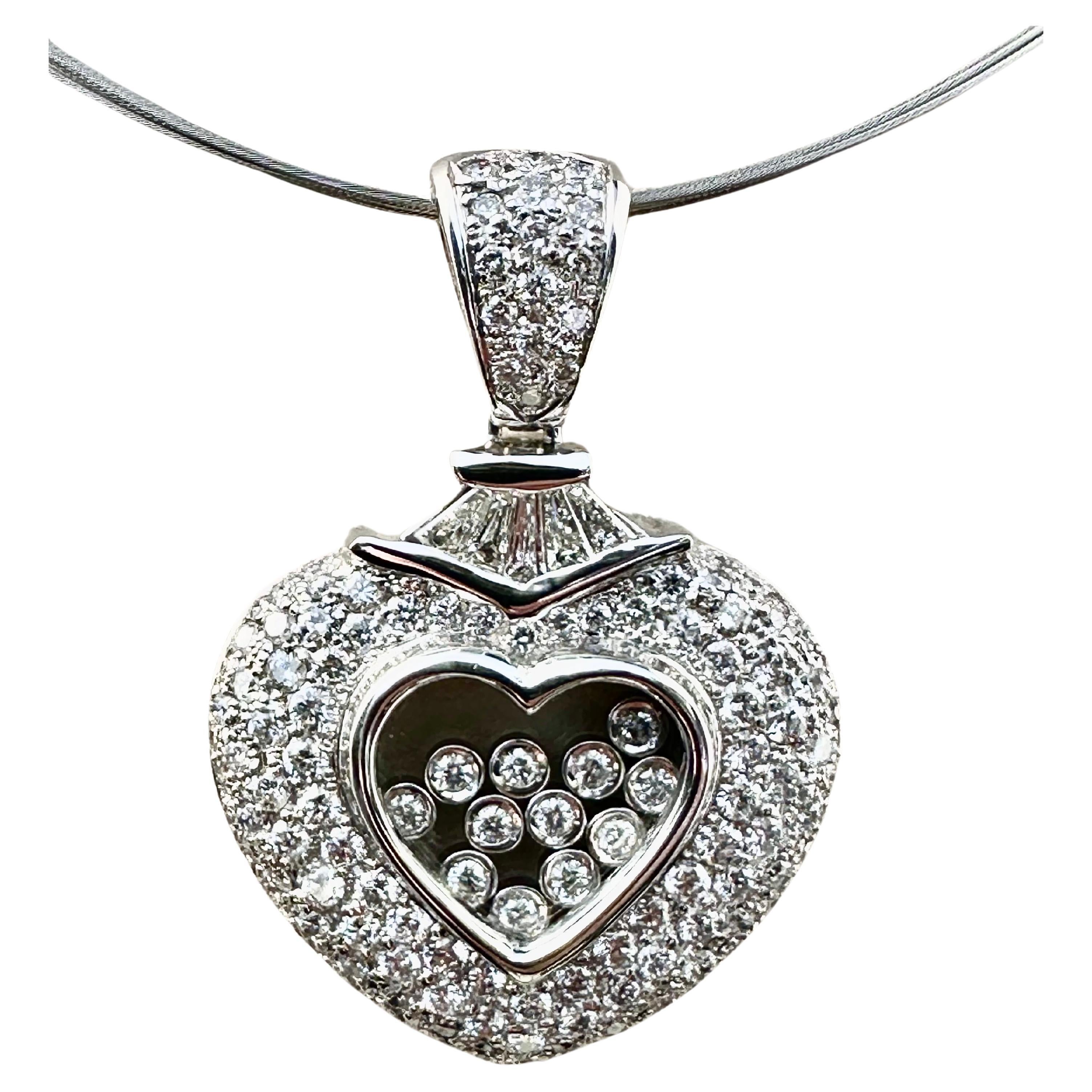  White Gold Diamond Heart Necklace with Floating Diamonds 18K White Gold For Sale