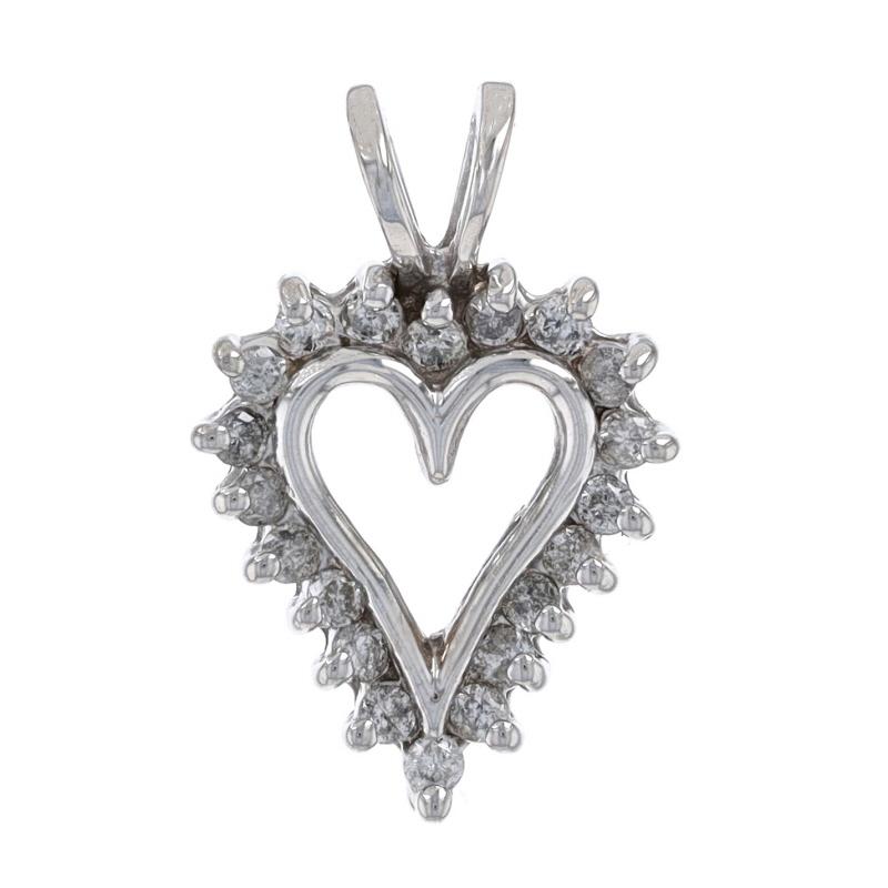 Metal Content: 10k White Gold

Stone Information
Natural Diamonds
Carat(s): .25ctw
Cut: Round Brilliant
Color: G - H
Clarity: I1 - I2

Total Carats: .25ctw

Theme: Heart, Love

Measurements
Tall (from stationary bail): 23/32