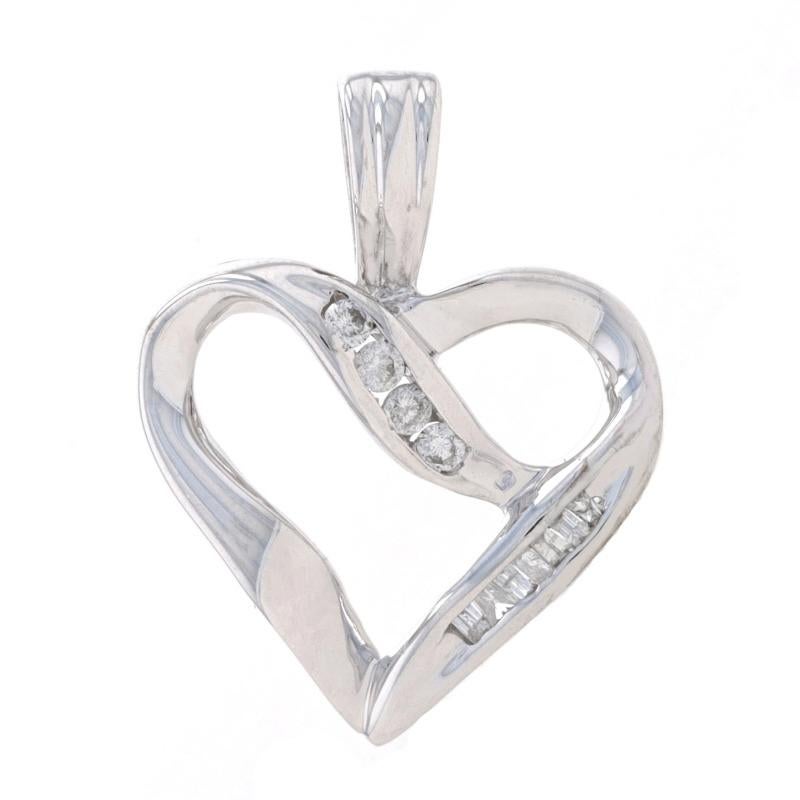 Metal Content: 10k White Gold

Stone Information

Natural Diamonds
Carat(s): .15ctw
Cut: Round Brilliant & Baguette
Color: G - H
Clarity: I1 - I2

Total Carats: .15ctw

Theme: Heart, Love

Measurements

Tall (from stationary bail): 7/8