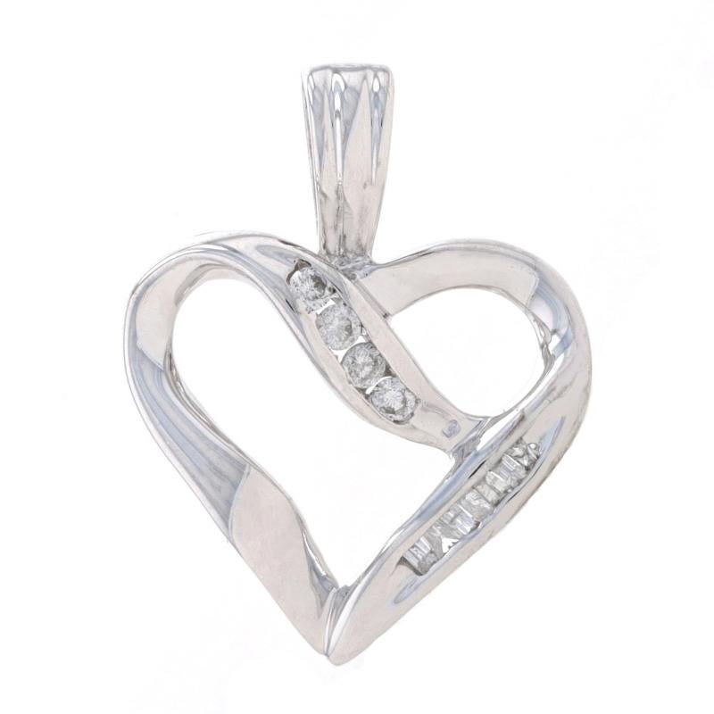 White Gold Diamond Heart Pendant - 10k Round Brilliant & Baguette .15ctw Love For Sale