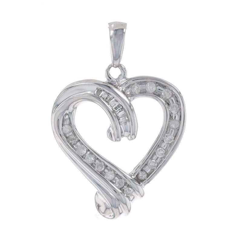 Metal Content: 10k White Gold

Stone Information
Natural Diamonds
Carat(s): .25ctw
Cut: Single & Baguette
Color: G - H
Clarity: I2

Total Carats: .25ctw

Theme: Heart, Love

Measurements
Tall (from stationary bail): 7/8