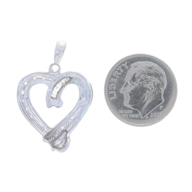 White Gold Diamond Heart Pendant - 10k Single Cut & Baguette .25ctw Love In Excellent Condition For Sale In Greensboro, NC