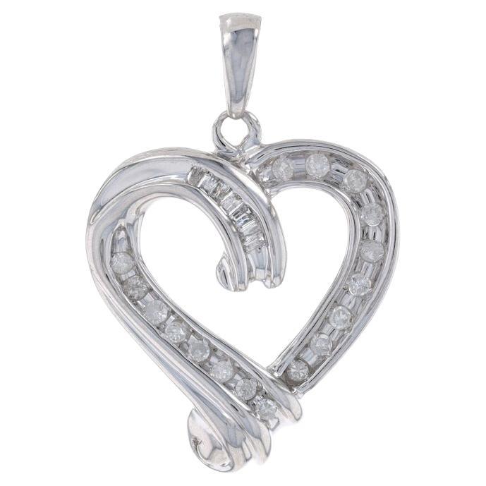 White Gold Diamond Heart Pendant - 10k Single Cut & Baguette .25ctw Love For Sale