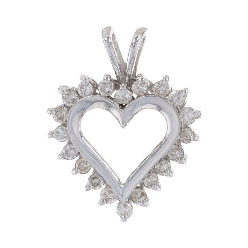 Metal Content: 14k White Gold

Stone Information
Natural Diamonds
Carat(s): .50ctw
Cut: Round Brilliant
Color: I - J - K
Clarity: I1 - I2

Total Carats: .50ctw

Theme: Heart, Love

Measurements
Tall (from stationary bail): 27/32