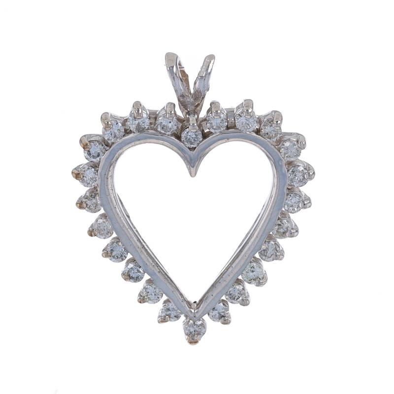 Metal Content: 14k White Gold

Stone Information

Natural Diamonds
Carat(s): .70ctw
Cut: Round Brilliant
Color: F - G
Clarity: SI2 - I1

Total Carats: .70ctw

Theme: Heart, Love Wreath

Measurements

Tall (from stationary bail): 1 1/16