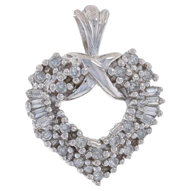 White Gold Diamond Heart Pendant - 14k Single Cut & Baguette .25ctw Love Wreath For Sale