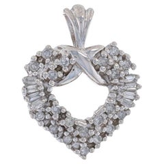White Gold Diamond Heart Pendant - 14k Single Cut & Baguette .25ctw Love Wreath
