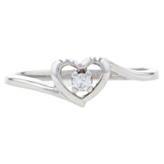 White Gold Diamond Heart Solitaire Bypass Ring, 14k Round Brilliant Promise Love