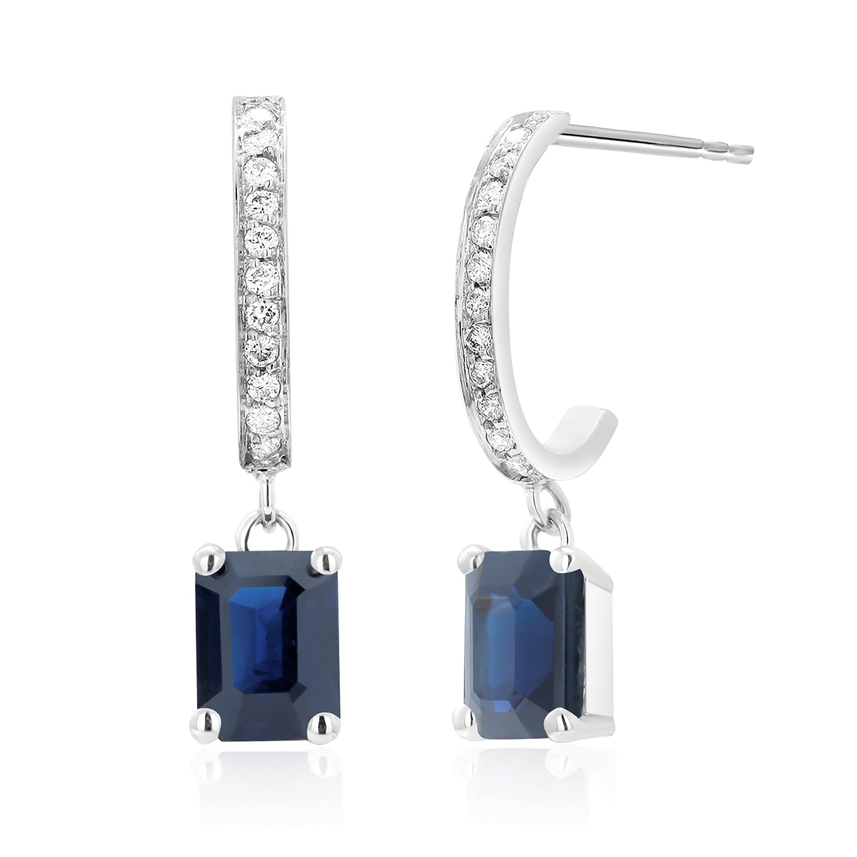Contemporary White Gold Diamond Hoop Earrings with Emerald Shaped Sapphire