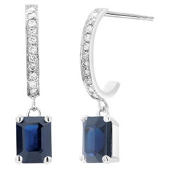 White Gold Diamond Hoop Earrings with Emerald Shaped Sapphire