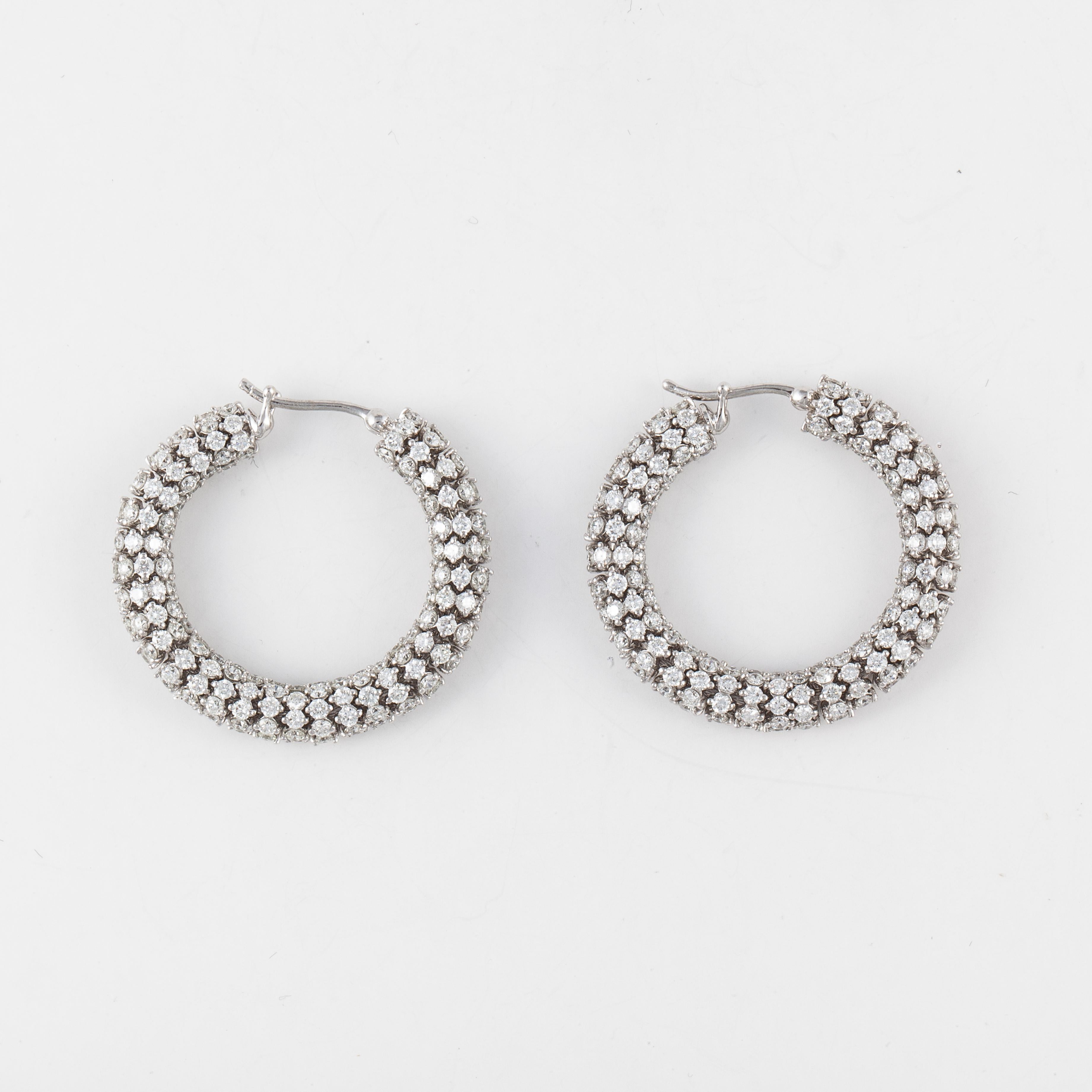 Round Cut Diamond Rondel Hoop Earrings in 18K White Gold For Sale