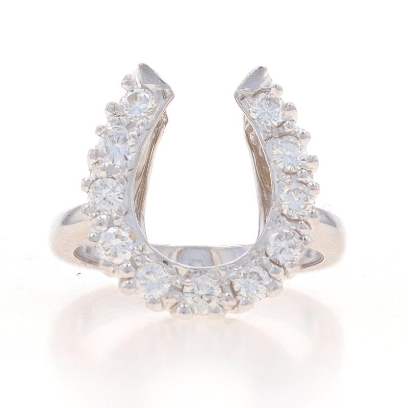 Size: 2 1/2
Sizing Fee: Up 3 sizes for $40 or Down 1 1/2 sizes for $30

Metal Content: 14k White Gold

Stone Information
Natural Diamonds
Carat(s): .33ctw
Cut: Round Brilliant
Color: G - H
Clarity: VS1 - VS2

Total Carats: .33ctw

Theme: Horseshoe,