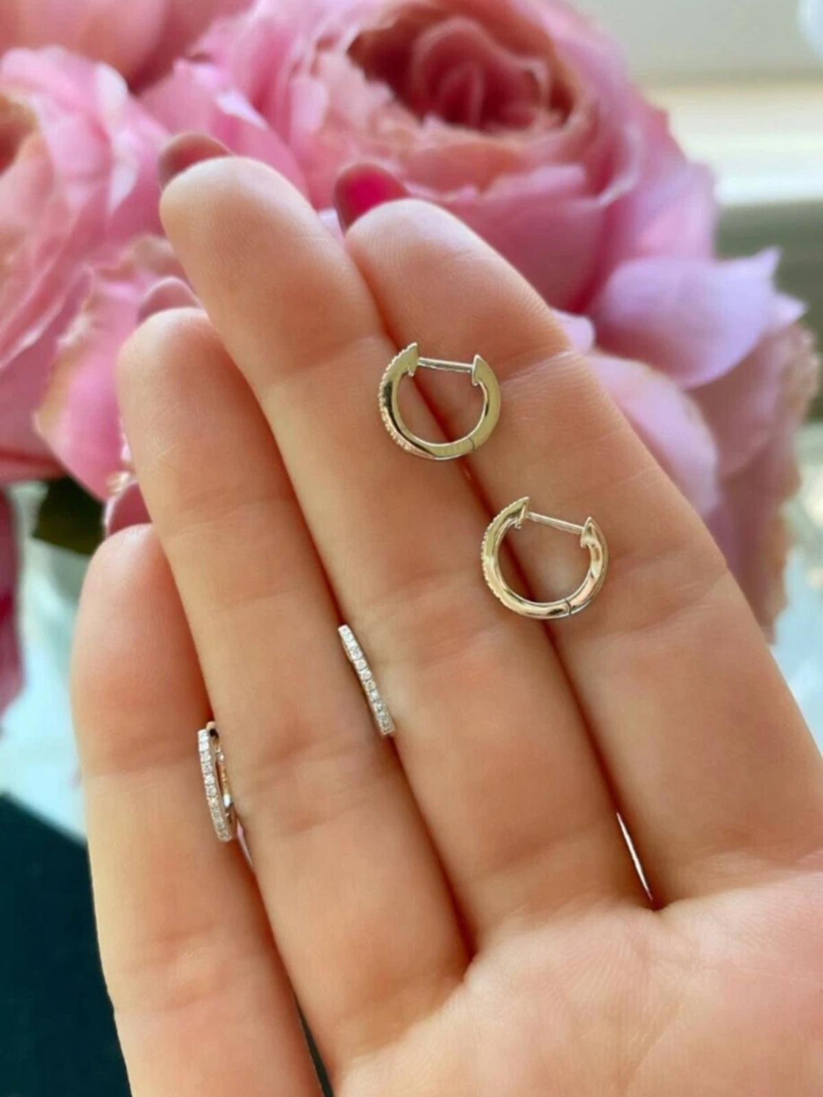 Art Deco White Gold Diamond Huggie Earring Diamond Earring Small Hoop 12mm Huggie Earring For Sale