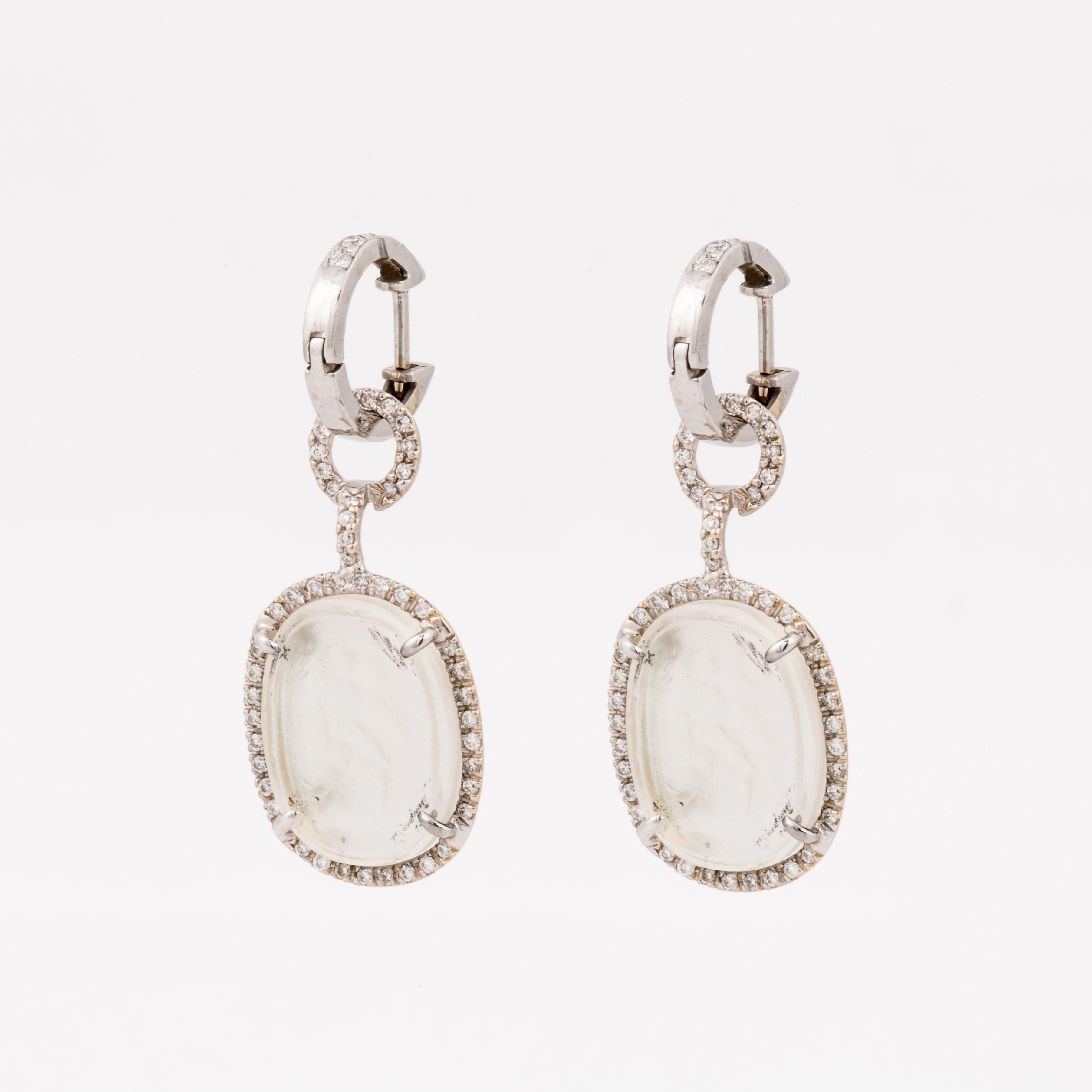 Mazza 14K white gold huggie style earrings with removable Venetian glass drops.  The drops are made of Venetian glass backed with mother-of-pearl and framed with round diamonds.  There are 0.59 carats of diamonds.  They measure 1 1/2 inches in
