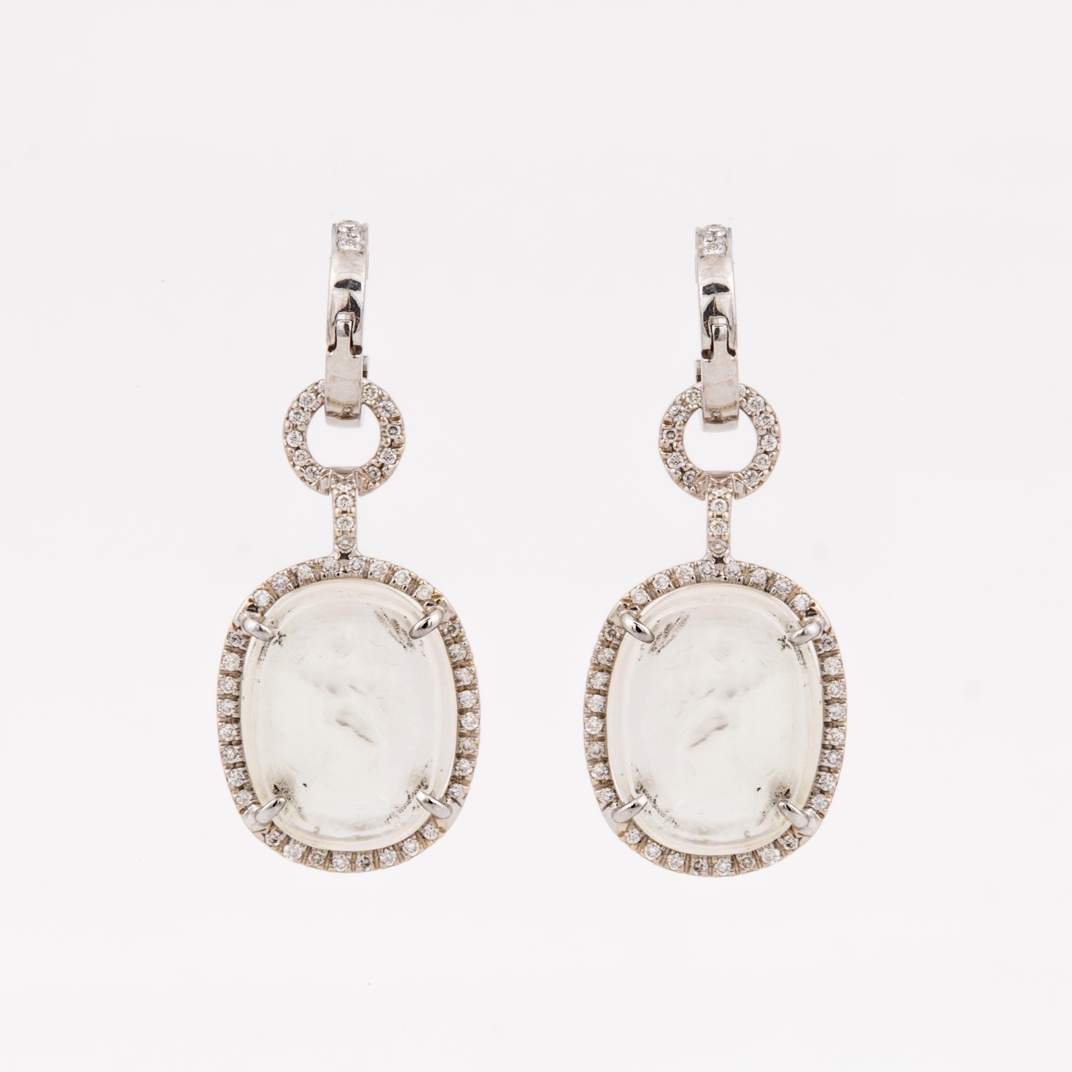 Round Cut Mazza 14K White Gold Diamond Huggie Earrings with Venetian Glass Drops For Sale