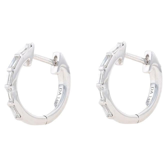 White Gold Diamond Huggie Hoop Earrings - 14k Baguette .22ctw Pierced